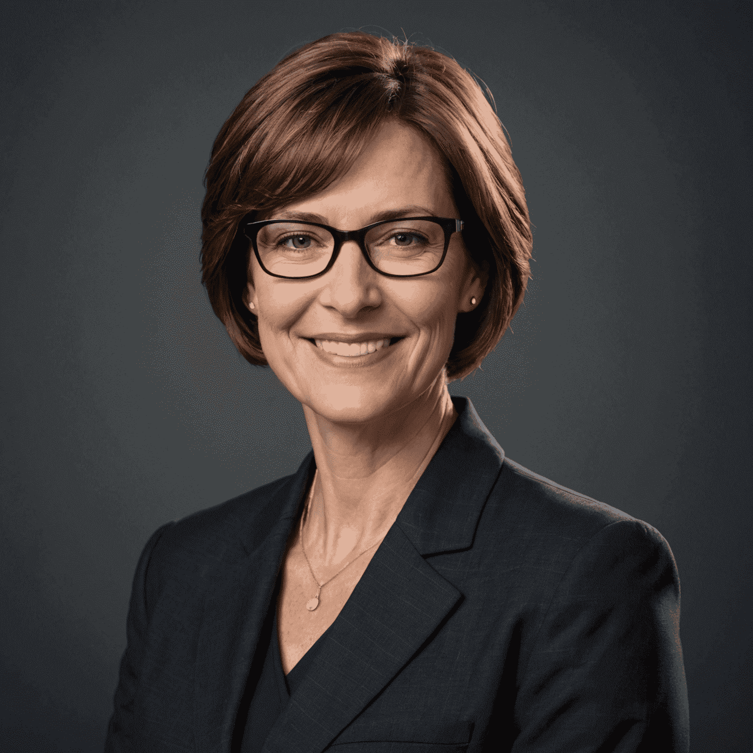 Portrait of Sarah Johnson, a middle-aged woman with short brown hair and glasses, wearing a professional dark suit, smiling confidently at the camera