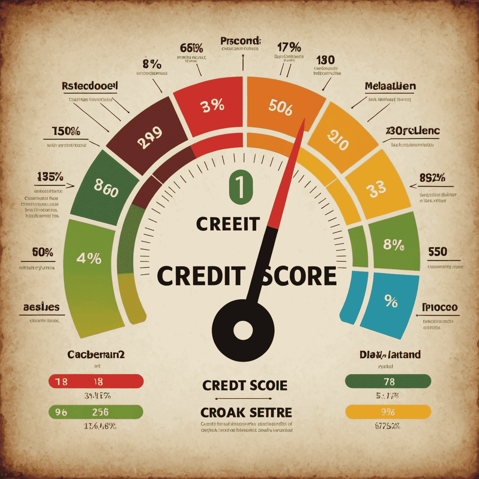 A visual representation of a credit score meter ranging from poor to excellent, with arrows pointing to various factors that influence the score