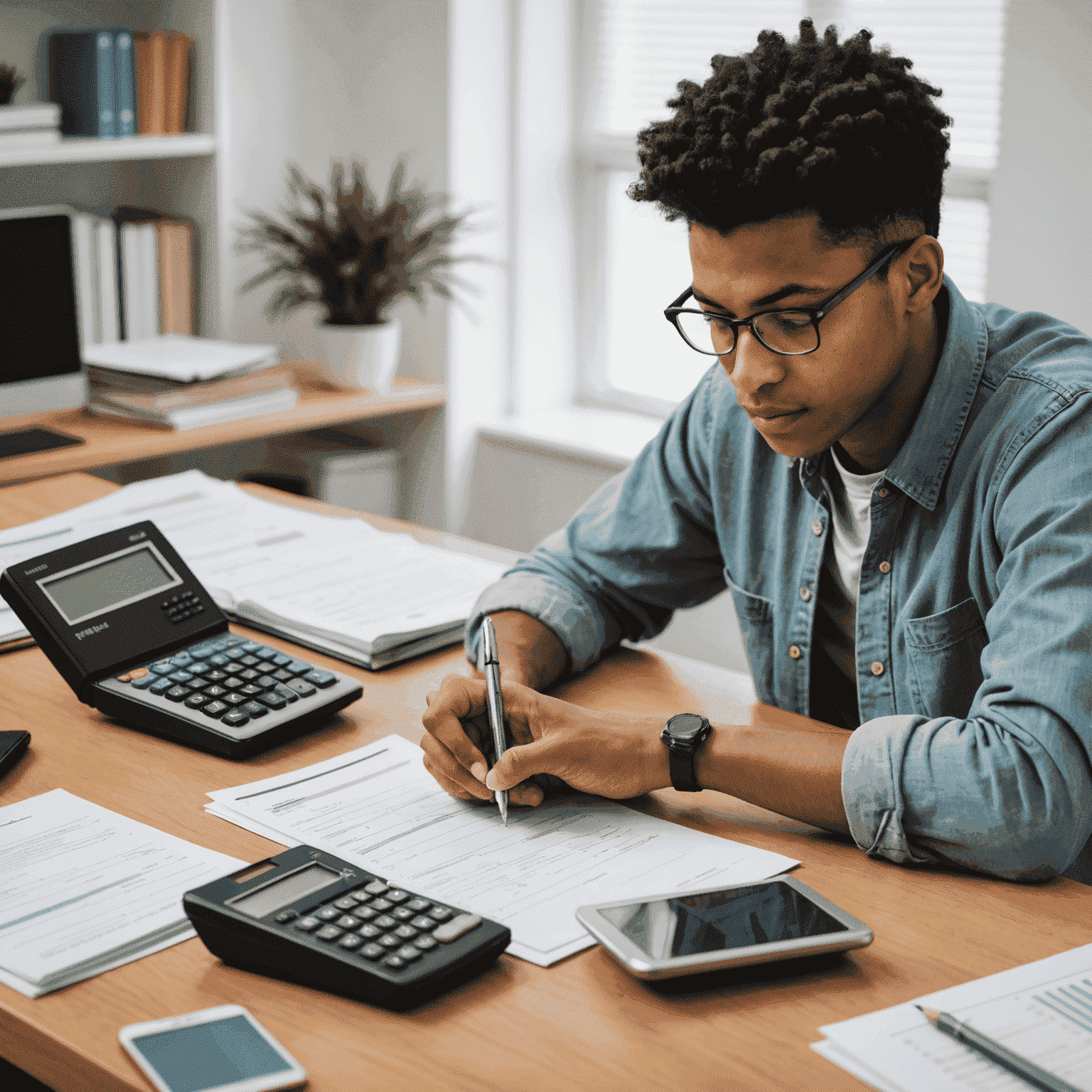 A student studying with financial documents and a calculator, representing the process of managing student loans