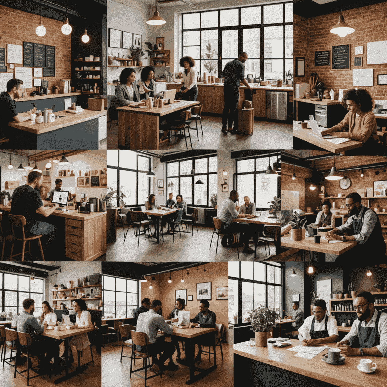 A collage showing various small business owners working in different settings - a cafe, a workshop, and an office. The image represents the diversity of small businesses seeking financing.