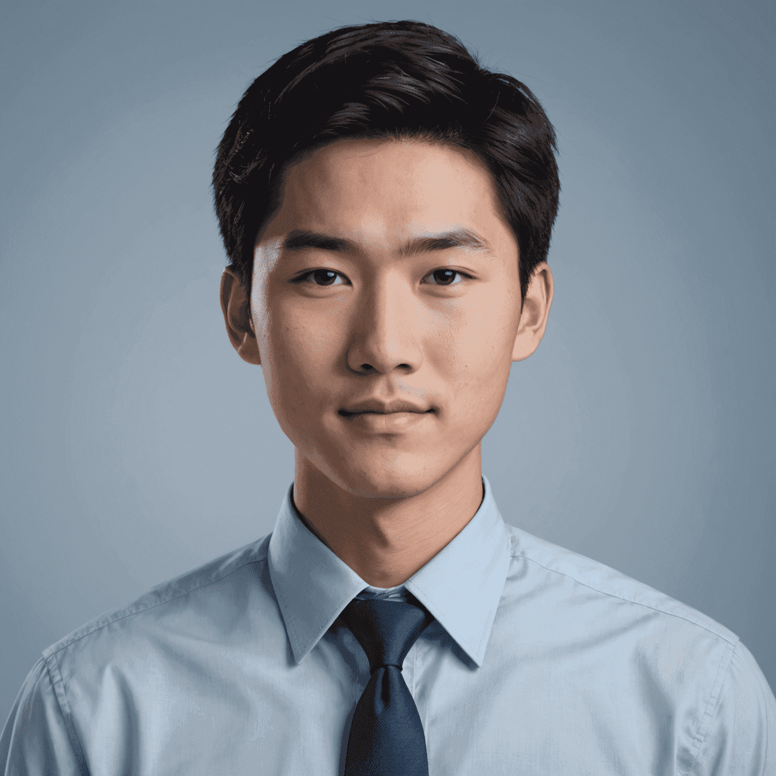 Portrait of Michael Chen, a young Asian man with black hair, wearing a light blue shirt and navy tie, with a friendly expression