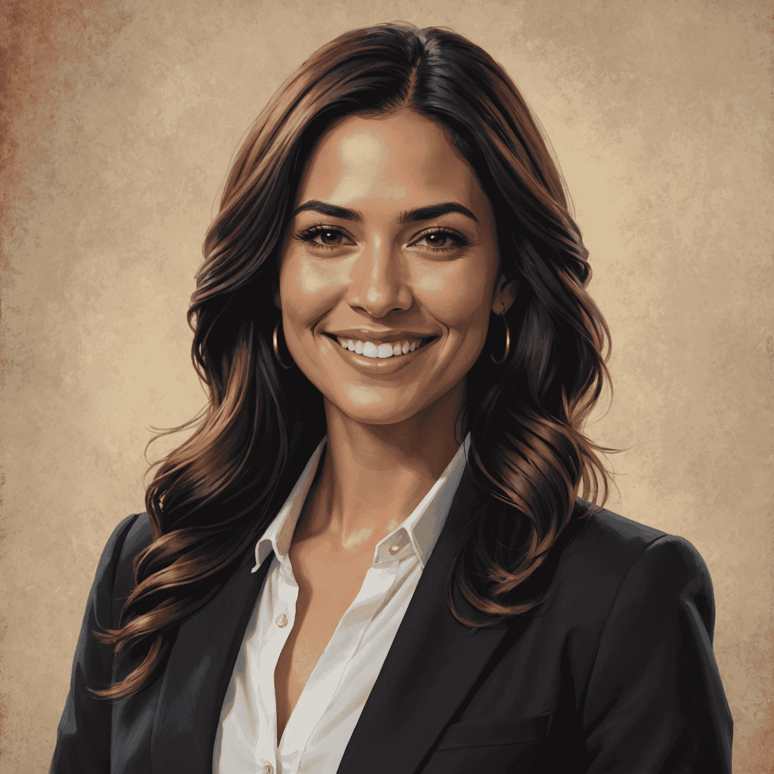 Portrait of Emily Rodriguez, a Latina woman in her 30s with long dark hair, wearing a white blouse and black blazer, with a warm smile