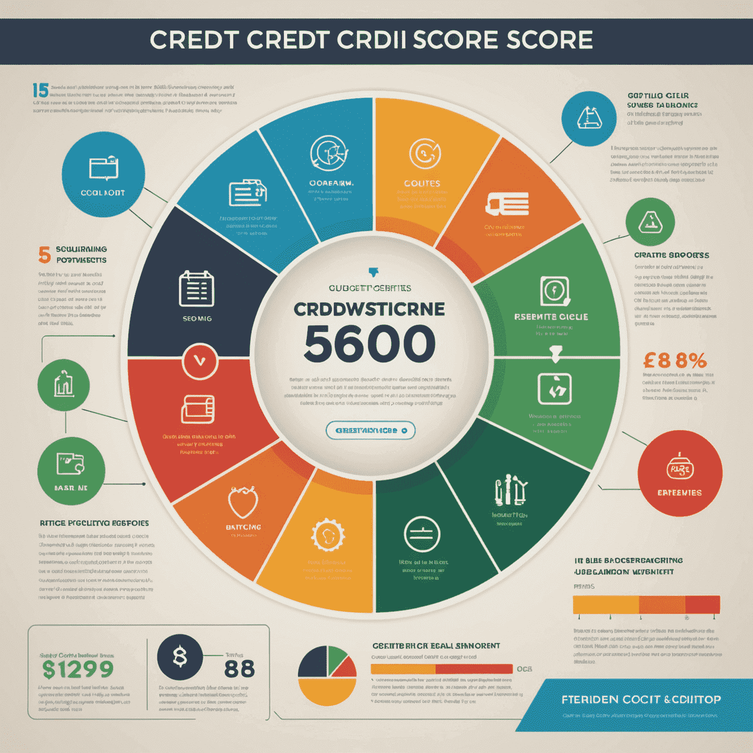 Infographic showing steps to improve credit score, including paying bills, lowering balances, and monitoring credit reports