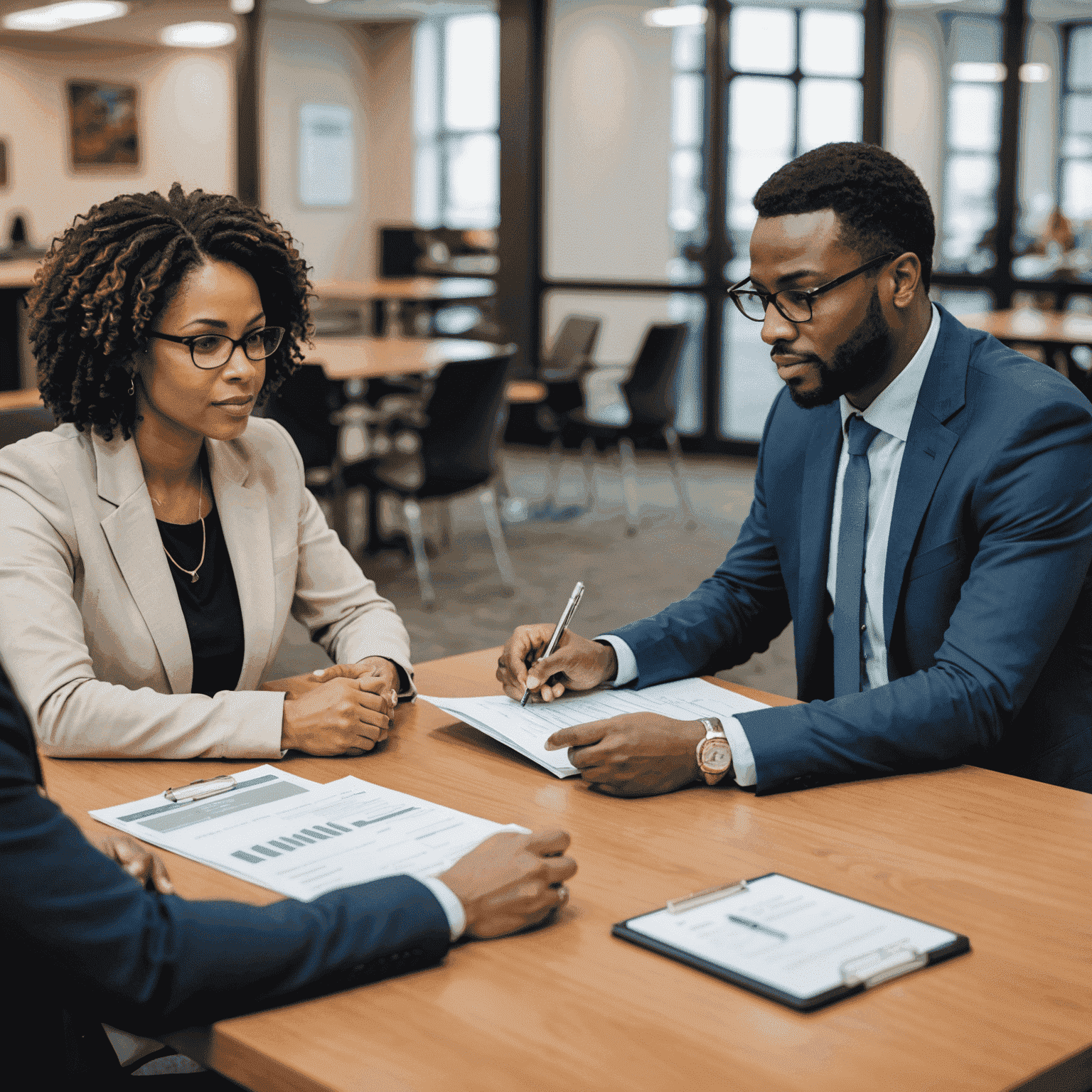 A professional meeting between a Collins Community Credit Union Bank advisor and a small business owner, discussing a business plan spread out on the table between them.